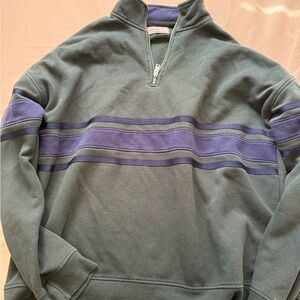 VINTAGE/RETRO Garage Olive Green Quarter-Zip Sweater with blue/navy Stripes